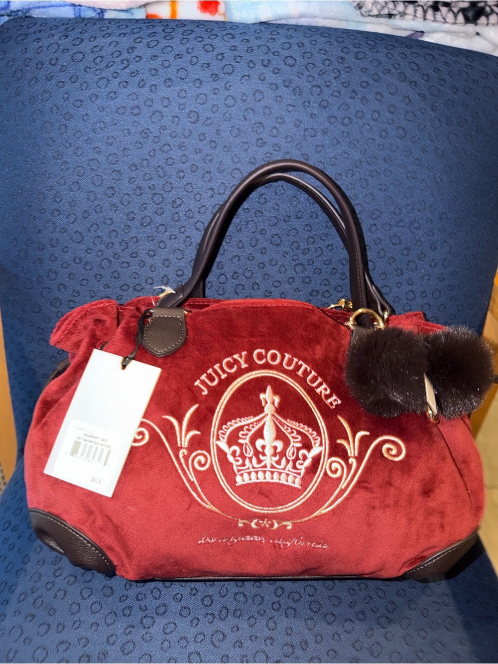 Juicy Couture Red Velvet Satchel with Dark Brown Handles and Fur Charm